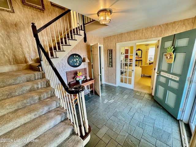 608 Lincoln Park Rd, Springfield, KY 40069 - interior space with baseboards, stone tile floors, stairs, and wallpapered walls
