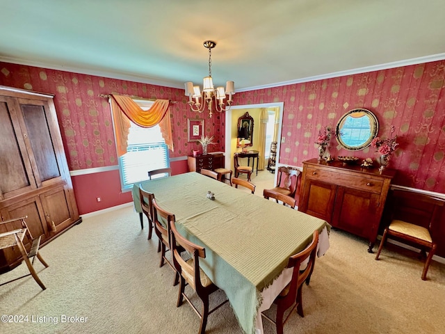 608 Lincoln Park Rd, Springfield, KY 40069 - dining room with an inviting chandelier, ornamental molding, wallpapered walls, and light carpet