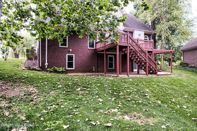 5204 Saratoga View Pl, Louisville, KY 40299 - back of house featuring a deck, a lawn, brick siding, and stairway