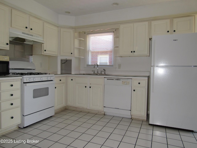 kitchen with a sink, under cabinet range hood, light tile patterned flooring, open shelves, and white appliances