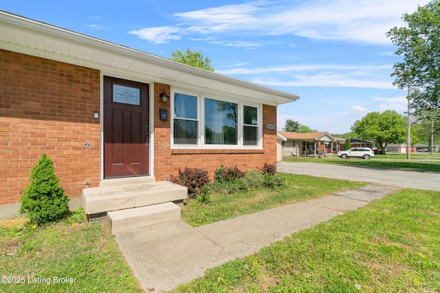 view of exterior entry featuring brick siding, a yard, and driveway