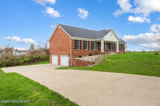 view of front of property with concrete driveway, a porch, brick siding, a front yard, and a garage