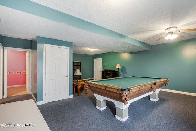 game room featuring carpet flooring, baseboards, and a ceiling fan