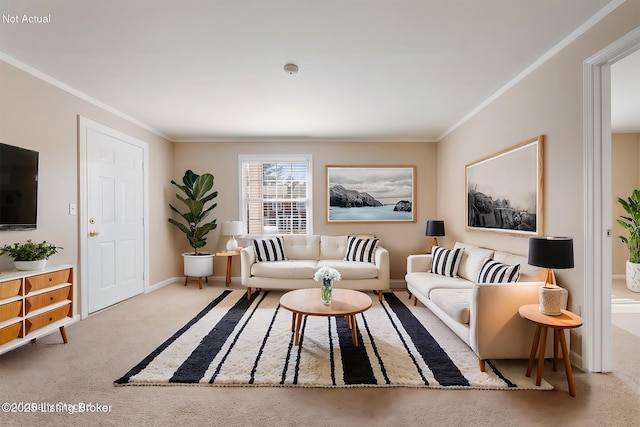 living area with baseboards, carpet flooring, and crown molding