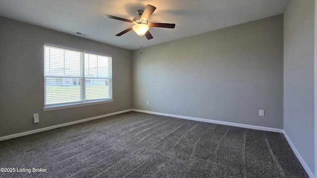 10916 Pheasant Hill Cir, Louisville, KY 40229 - spare room featuring baseboards, a ceiling fan, visible vents, and dark colored carpet