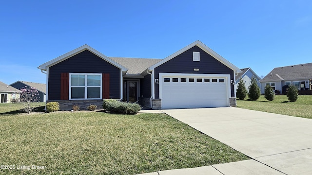 10916 Pheasant Hill Cir, Louisville, KY 40229 - ranch-style house featuring a garage, stone siding, a front lawn, and concrete driveway
