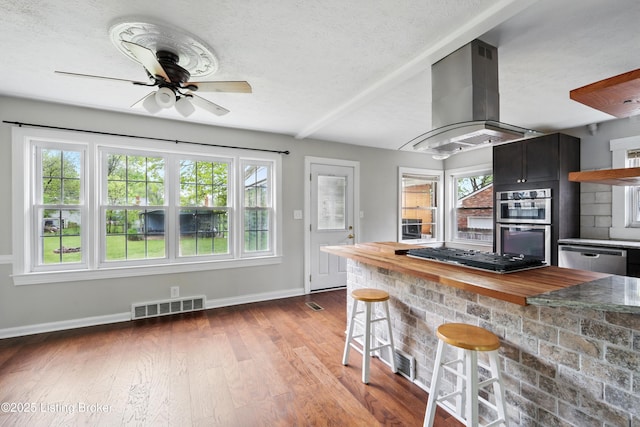 kitchen with island range hood, butcher block countertops, appliances with stainless steel finishes, baseboards, and visible vents
