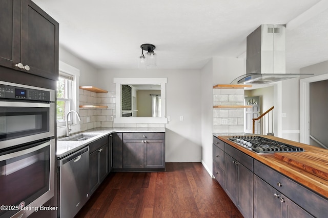 kitchen featuring tasteful backsplash, a sink, stainless steel appliances, butcher block countertops, and island exhaust hood