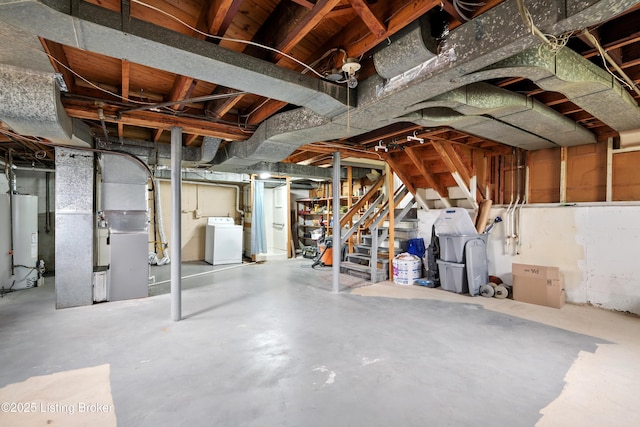 unfinished below grade area with stairs, washer / dryer, gas water heater, and heating unit