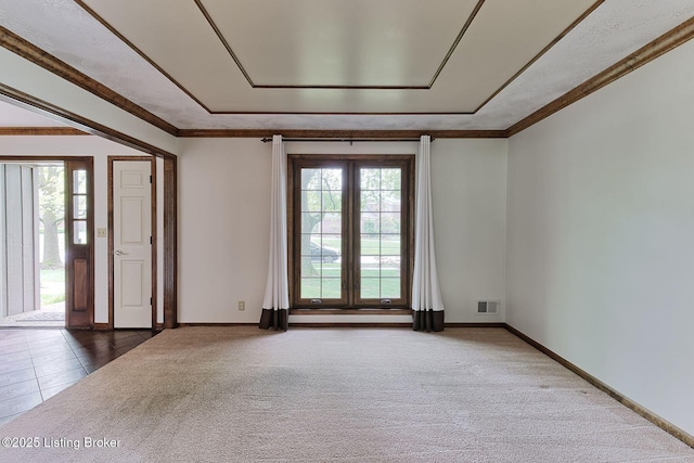 carpeted empty room featuring baseboards, visible vents, a healthy amount of sunlight, and a tray ceiling
