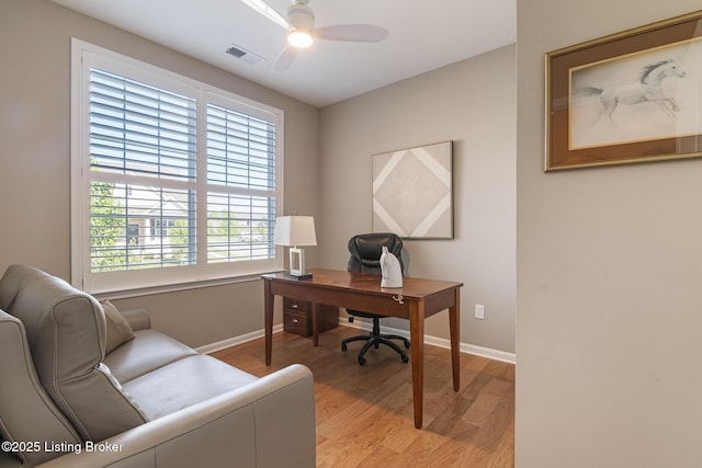 office area featuring visible vents, light wood finished floors, ceiling fan, and baseboards