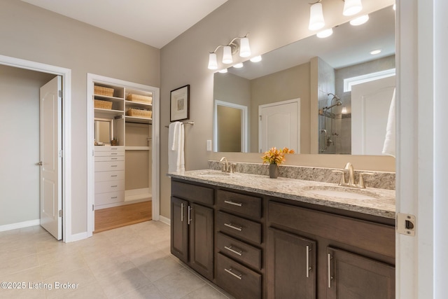 full bath featuring a sink, a walk in closet, a shower stall, and double vanity