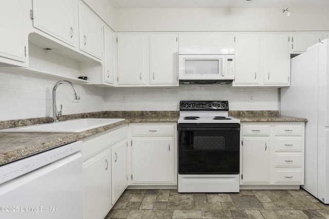 6505 Deep Creek Dr Unit 3, Prospect, KY 40059 - kitchen with a sink, white cabinets, backsplash, and white appliances