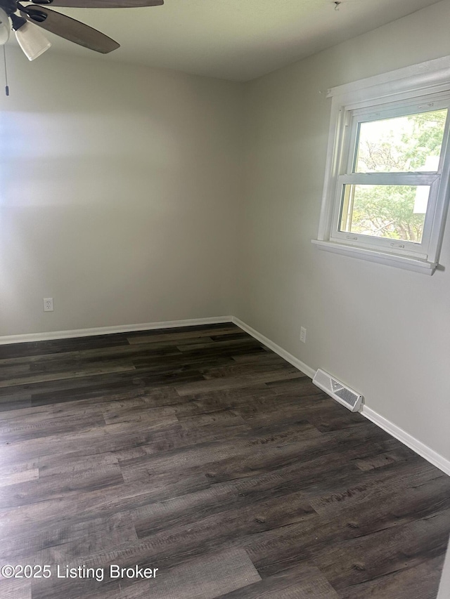 510 S Kentucky St, Irvington, KY 40146 - spare room with baseboards, a ceiling fan, visible vents, and dark wood-style flooring