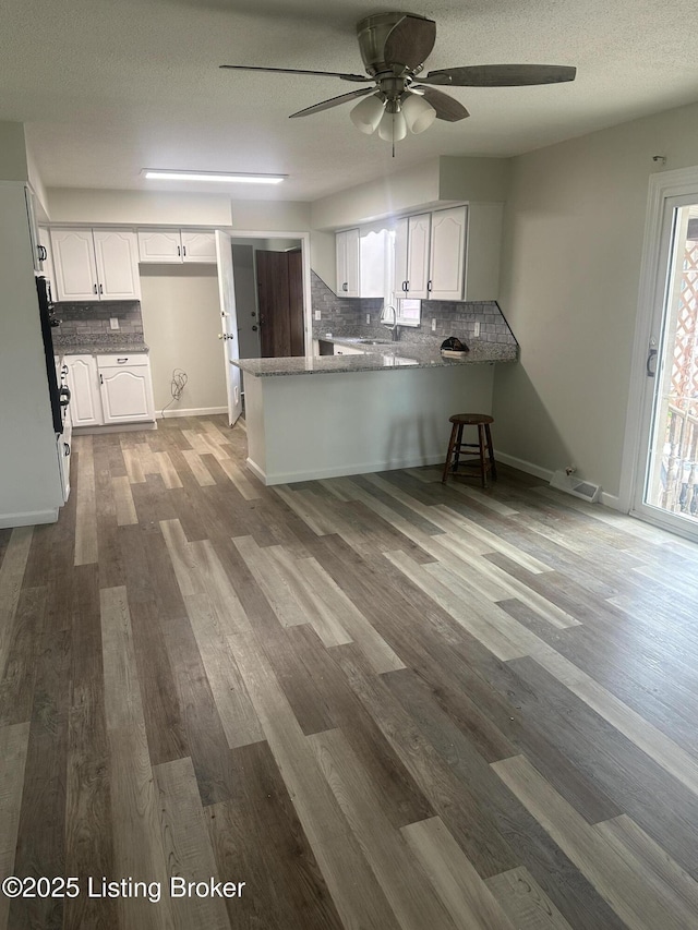 510 S Kentucky St, Irvington, KY 40146 - kitchen with a peninsula, decorative backsplash, white cabinets, and ceiling fan