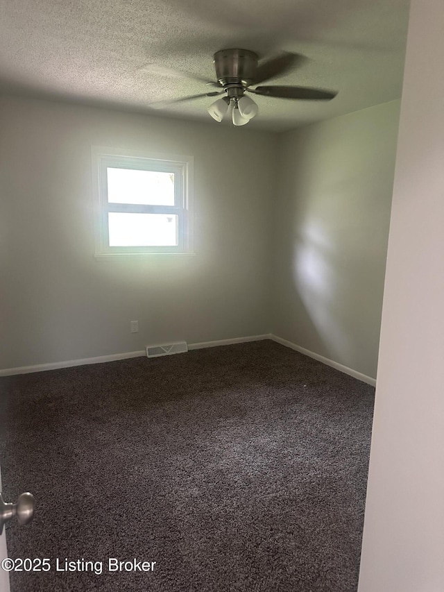 510 S Kentucky St, Irvington, KY 40146 - empty room featuring a textured ceiling, baseboards, visible vents, carpet, and a ceiling fan