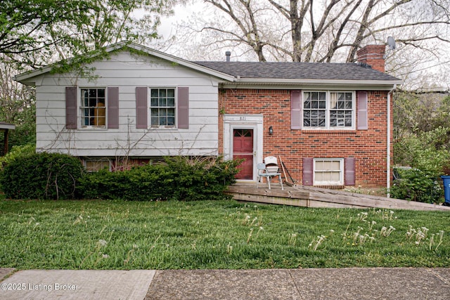 821 Creekvalley Rd, Louisville, KY 40243 - bi-level home featuring a chimney, brick siding, roof with shingles, and a front yard
