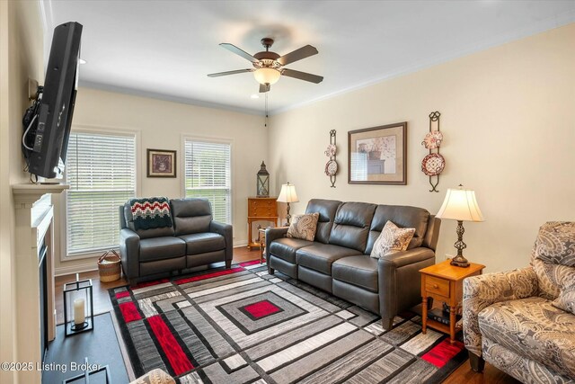 living area with a ceiling fan, wood finished floors, and crown molding