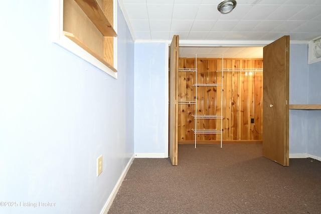 interior space featuring baseboards, carpet, and wood walls