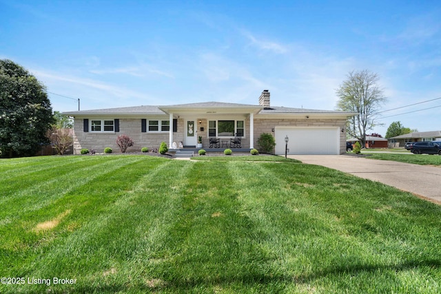 single story home featuring a chimney, concrete driveway, stone siding, a porch, and a garage