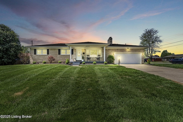 single story home featuring a chimney, concrete driveway, stone siding, an attached garage, and a porch