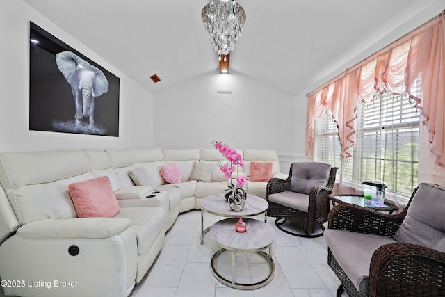 living room with marble finish floor and vaulted ceiling