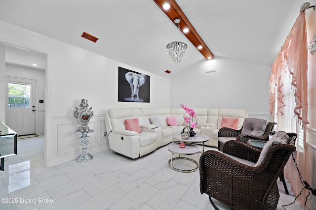 living room featuring recessed lighting, a chandelier, marble finish floor, and lofted ceiling with beams