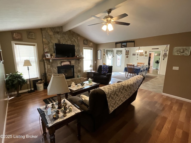 154 Gossom Ln, Milton, KY 40045 - living room with ceiling fan, lofted ceiling with beams, wood finished floors, and a fireplace