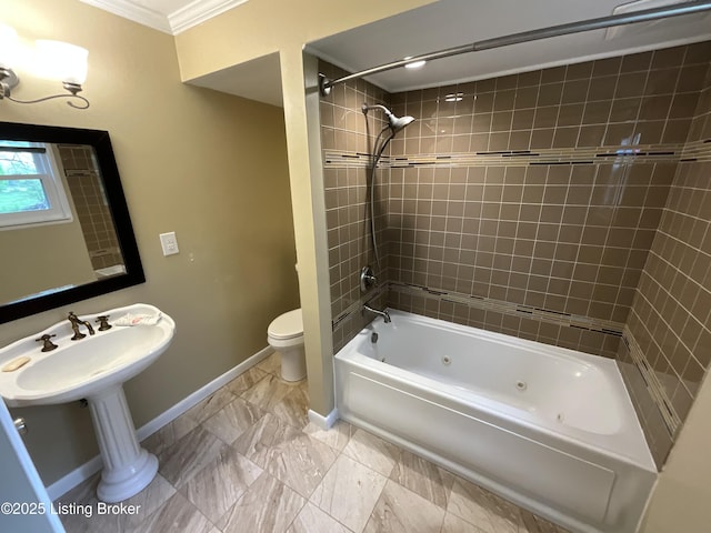 224 Spring Creek Ln, Milton, KY 40045 - full bathroom featuring marble finish floor, a combined bath / shower with jetted tub, toilet, crown molding, and baseboards