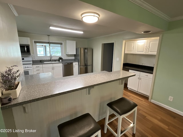 224 Spring Creek Ln, Milton, KY 40045 - kitchen with dark wood finished floors, backsplash, a sink, crown molding, and appliances with stainless steel finishes