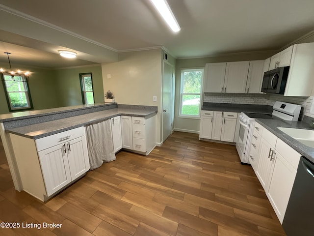 224 Spring Creek Ln, Milton, KY 40045 - kitchen with a peninsula, crown molding, dark wood-type flooring, and stainless steel appliances