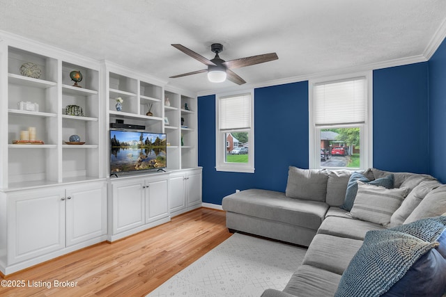 2807 Alice Ave, Louisville, KY 40220 - living room featuring light wood-style flooring, plenty of natural light, a ceiling fan, ornamental molding, and baseboards
