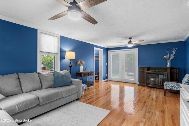 2807 Alice Ave, Louisville, KY 40220 - living area with ceiling fan, a textured ceiling, healthy amount of natural light, light wood-style flooring, and crown molding