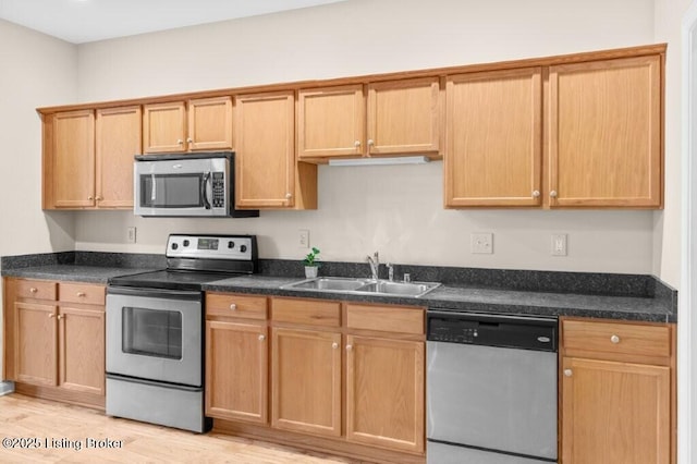 kitchen featuring light wood finished floors, dark countertops, appliances with stainless steel finishes, and a sink