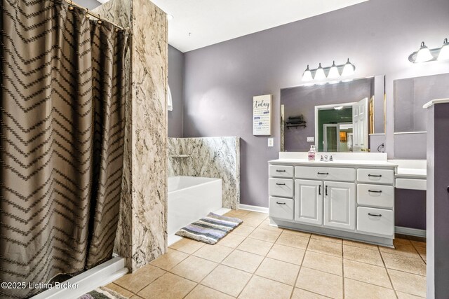 5502 Highpoint Dr, Crestwood, KY 40014 - bathroom with tile patterned floors, vanity, a garden tub, and a shower with curtain