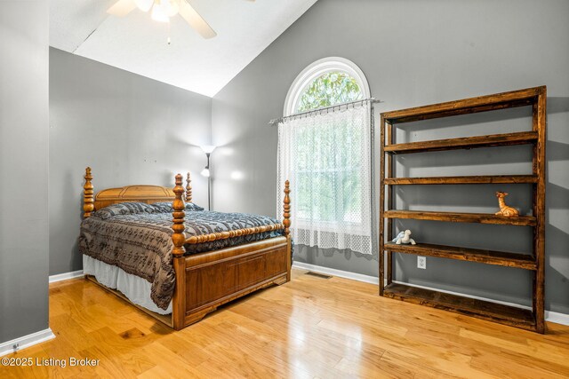 5502 Highpoint Dr, Crestwood, KY 40014 - bedroom featuring light wood-style flooring, high vaulted ceiling, and ceiling fan