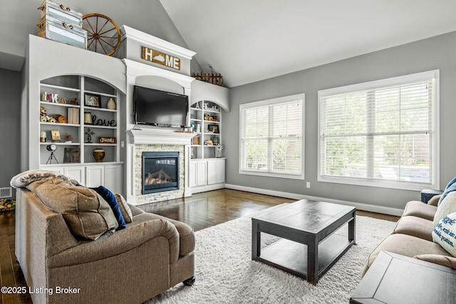 10905 Rock Valley Ct, Louisville, KY 40241 - living room featuring wood finished floors, lofted ceiling, a glass covered fireplace, and baseboards