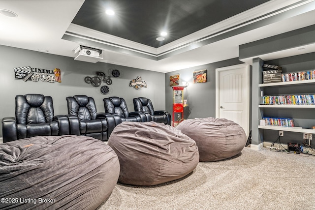10905 Rock Valley Ct, Louisville, KY 40241 - carpeted home theater featuring crown molding, a raised ceiling, and recessed lighting