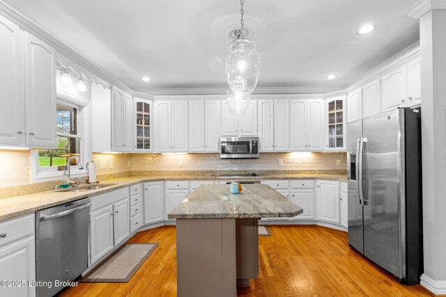 kitchen with glass insert cabinets, appliances with stainless steel finishes, white cabinetry, and a sink