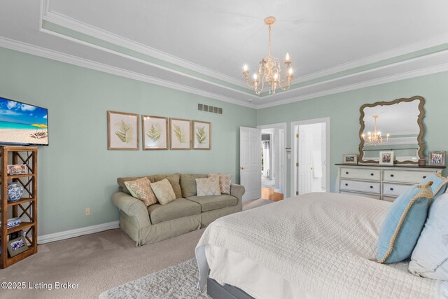 carpeted bedroom featuring a tray ceiling, visible vents, baseboards, and a notable chandelier