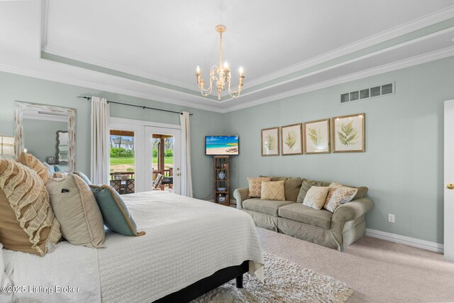 carpeted bedroom with crown molding, an inviting chandelier, a tray ceiling, access to outside, and visible vents