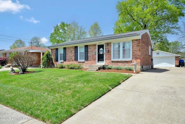 single story home with an outdoor structure, crawl space, brick siding, a front lawn, and a garage