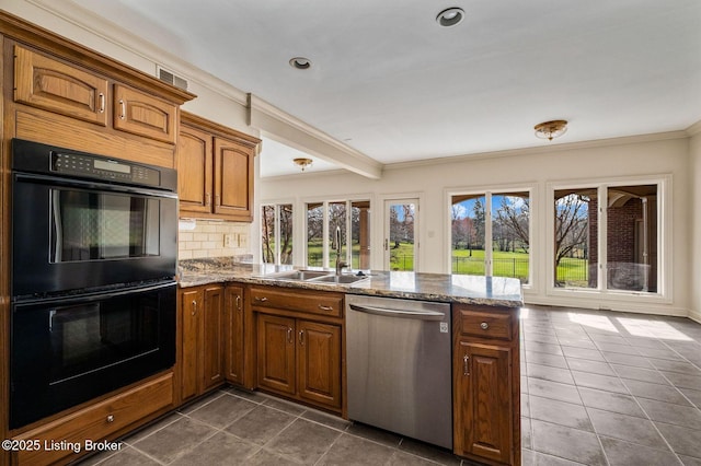 2605 Evergreen Wynde, Louisville, KY 40223 - kitchen featuring crown molding, dobule oven black, a sink, dishwasher, and a peninsula