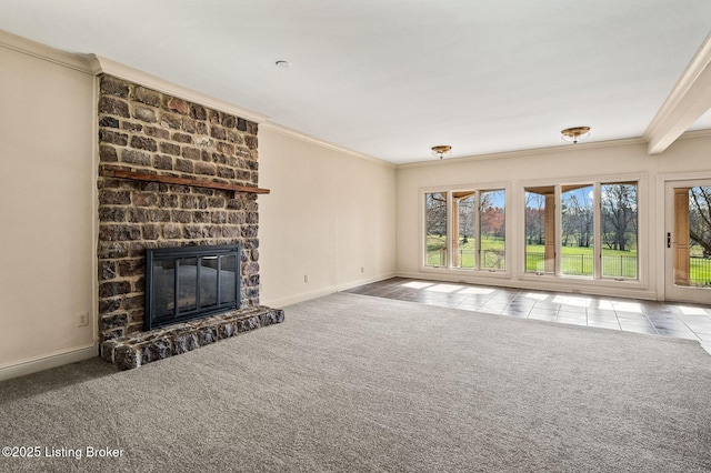 2605 Evergreen Wynde, Louisville, KY 40223 - unfurnished living room featuring a stone fireplace, carpet, baseboards, ornamental molding, and tile patterned flooring