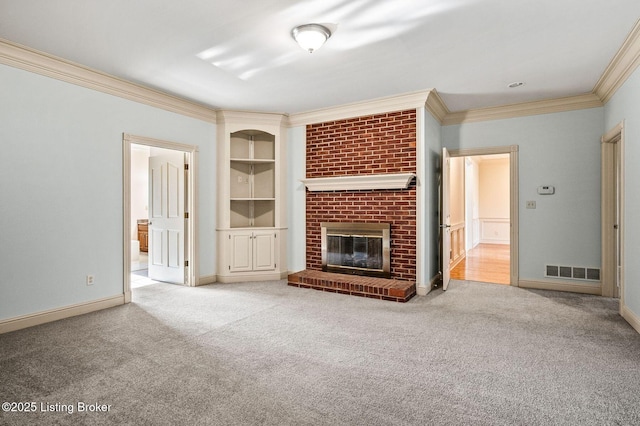 2605 Evergreen Wynde, Louisville, KY 40223 - unfurnished living room with ornamental molding, carpet flooring, and a brick fireplace