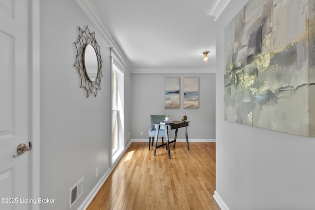 1907 Charbdin Pl, Louisville, KY 40207 - hallway featuring a desk, light wood-style flooring, ornamental molding, and baseboards