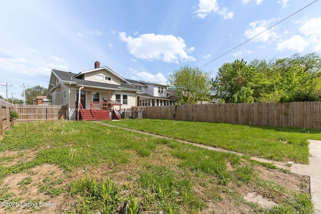 view of yard with a wooden deck and a fenced backyard