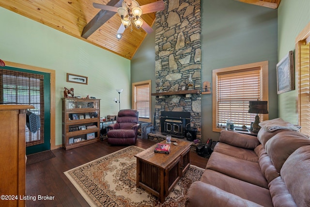 515 Brier Creek Meadows Rd, Mammoth Cave, KY 42259 - living area featuring beam ceiling, wood finished floors, ceiling fan, wood ceiling, and high vaulted ceiling