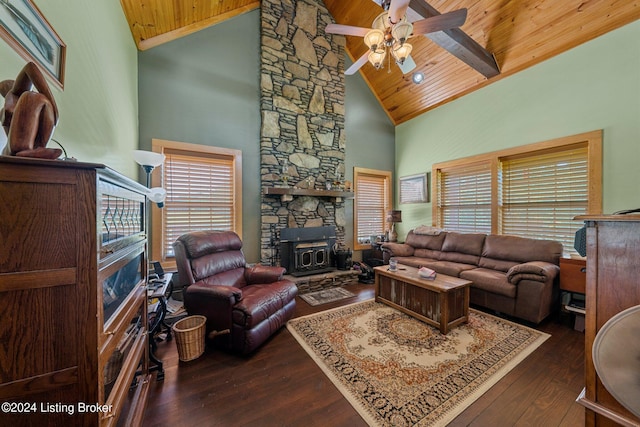515 Brier Creek Meadows Rd, Mammoth Cave, KY 42259 - living room with wood ceiling, a ceiling fan, dark wood-style floors, and high vaulted ceiling
