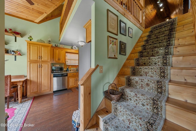 515 Brier Creek Meadows Rd, Mammoth Cave, KY 42259 - stairway featuring wood ceiling, vaulted ceiling, and wood finished floors